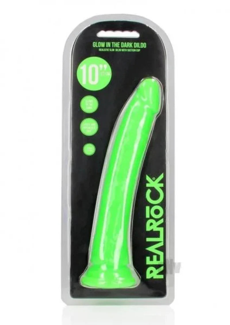 Dildo Slim 10" Brilla En La Oscuridad Verde Neon Realrock