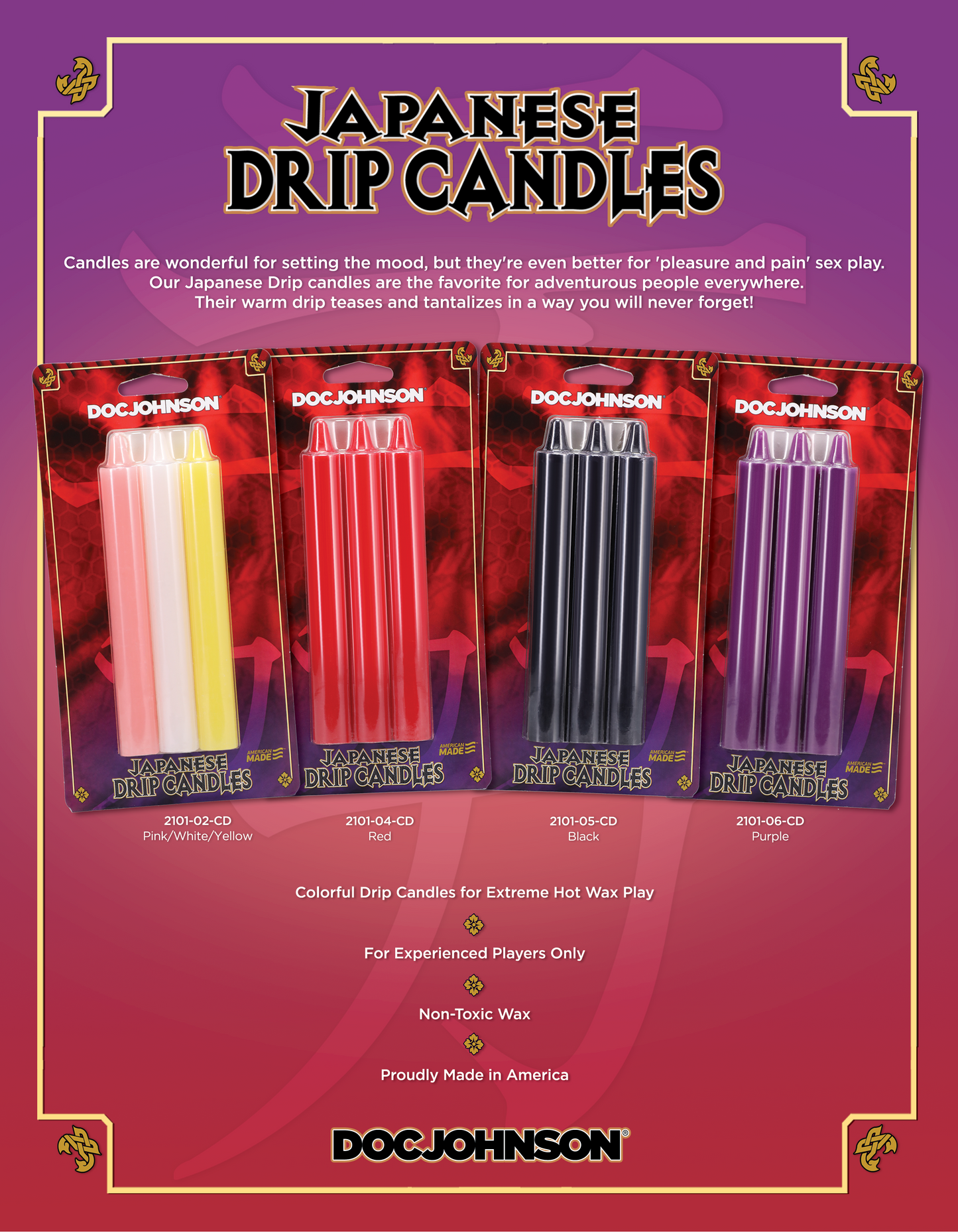 Doc Johnson - Velas Japonesas - Pack De 3 - Rosa, Blanca, Amarilla