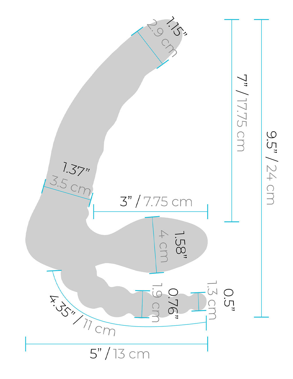 Pegasus 7" Strapless DP Strap-On- size dimensions