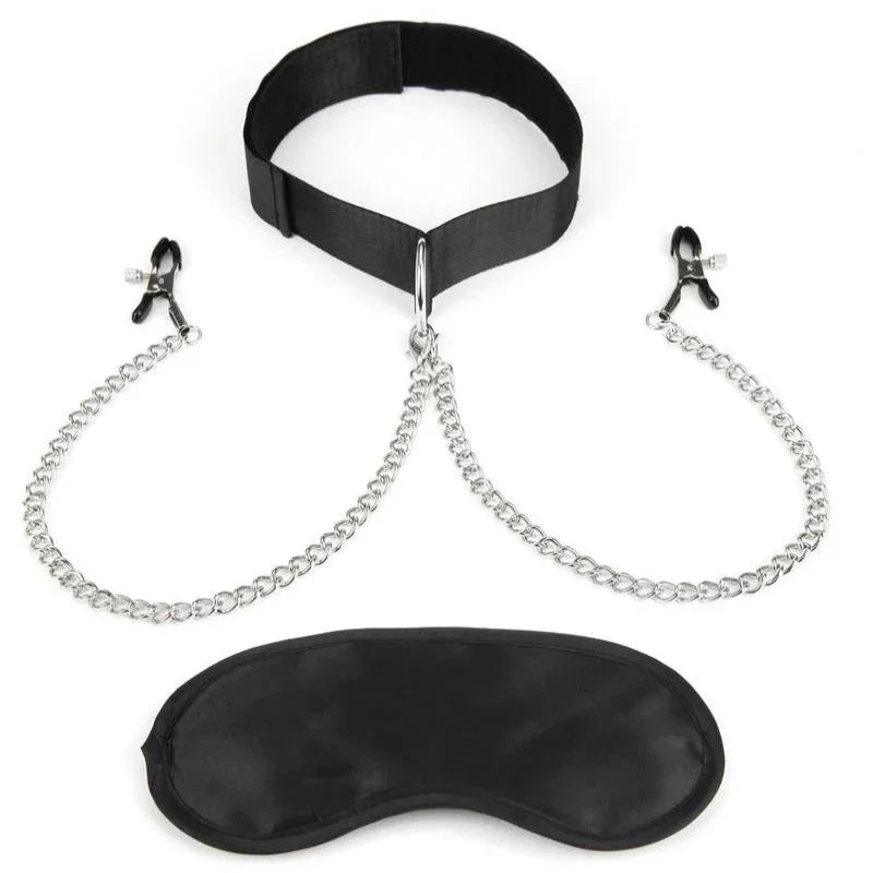 Bondage Kit De Collar, Clip Para Pezones Y Venda Para Los Hojos Collar And Nipple Clips