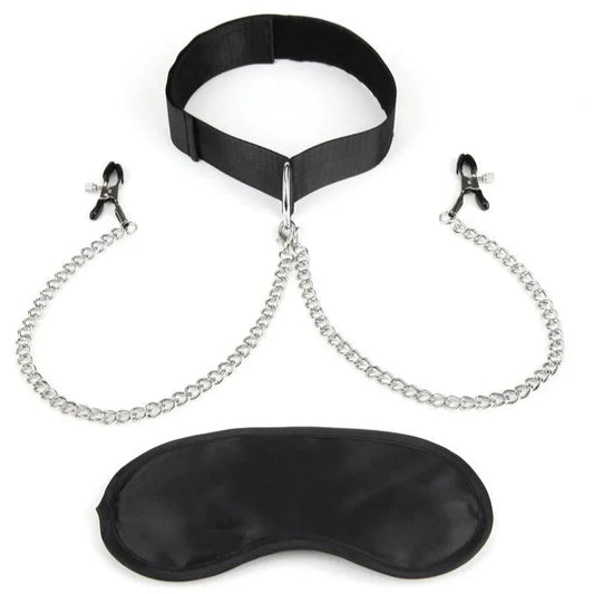Bondage Kit De Collar, Clip Para Pezones Y Venda Para Los Hojos Collar And Nipple Clips