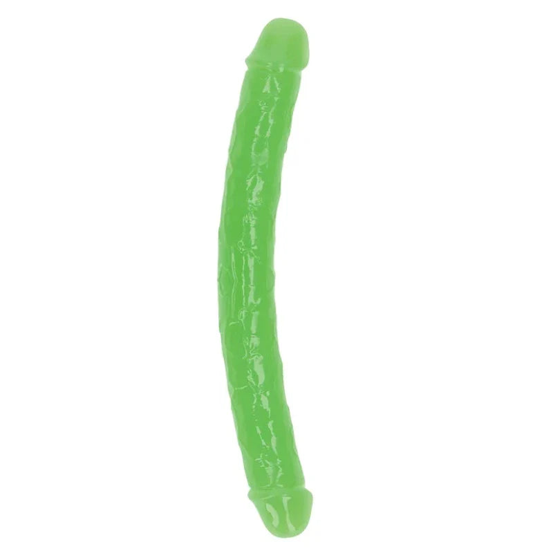 Doble Dildo 12" Brilla En La Oscuridad Verde Neon Realrock