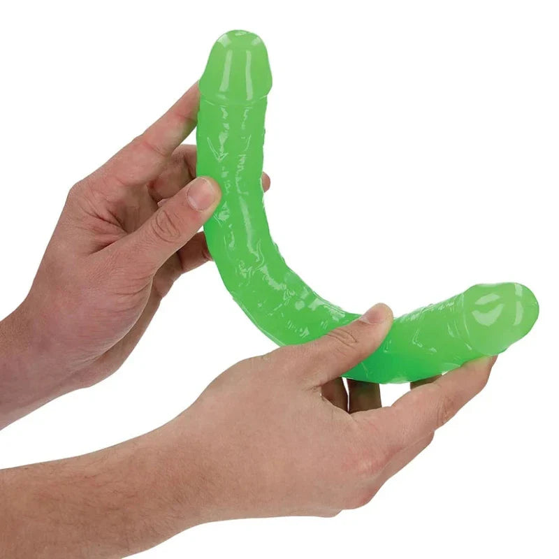 Doble Dildo 12" Brilla En La Oscuridad Verde Neon Realrock