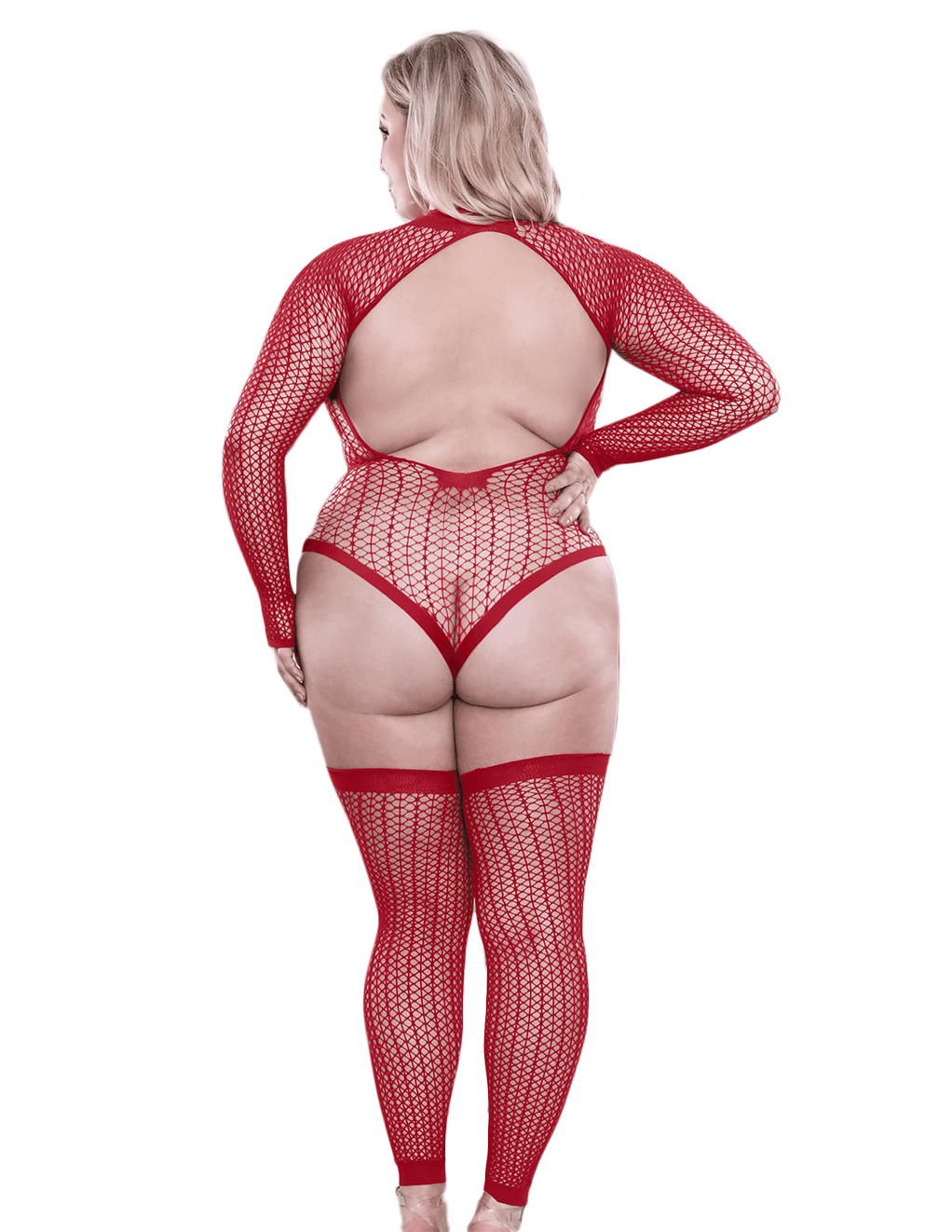 Infatuation Open Back Long Sleeve Bodystocking - Red - Plus Back
