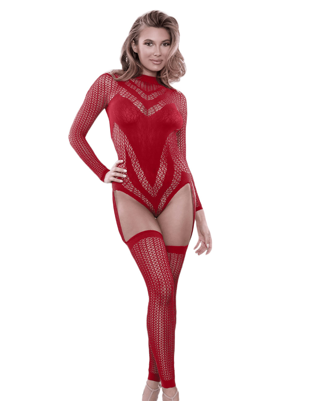 Infatuation Open Back Long Sleeve Bodystocking - Red - Main