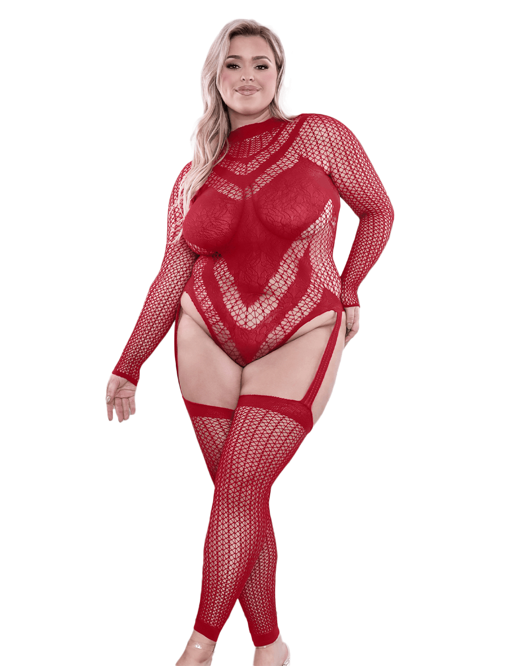 Infatuation Open Back Long Sleeve Bodystocking - Red - Plus Main
